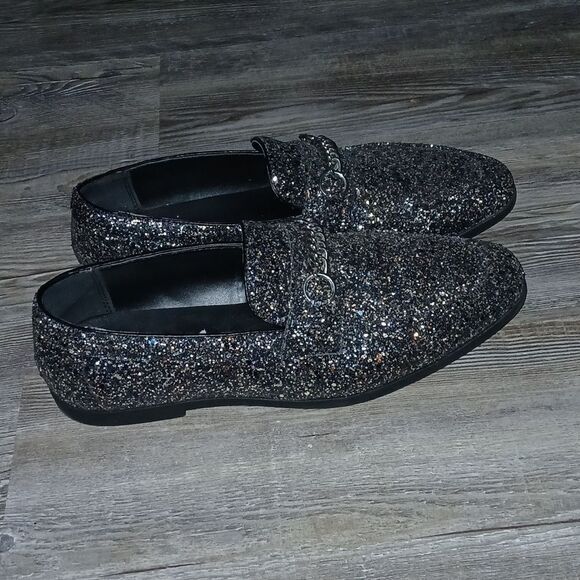  DESIGN loafers in black glitter with snaffle detail  Sz 10W 10 Wide